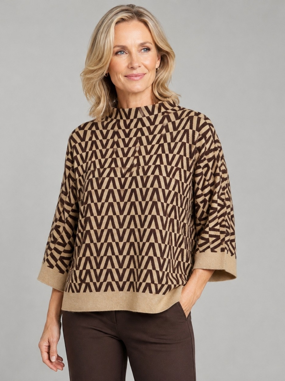 NWT Luna Brown Cream Geometric Chevron Mock Neck Knit Sweater XL